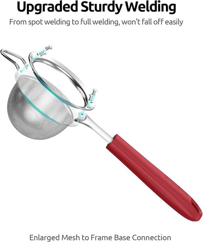 U-Taste Small Fine Mesh Strainer: 18/8 Stainless Steel 3.35in 30 Mesh Kitchen Food Sieve with Sturdy Riveted Silicone Handle, Heavy Duty Deep Handheld Metal Colander for Tea, Juice (Red)