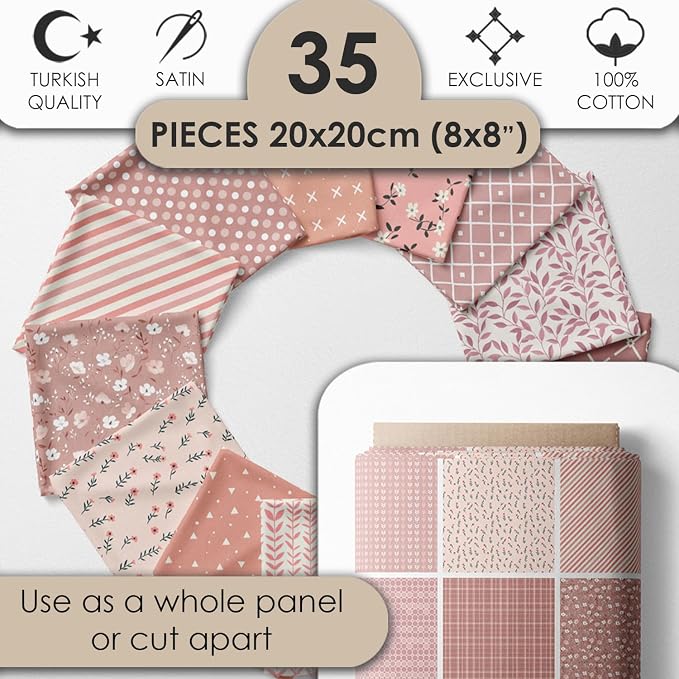 Cotton Satin Patchwork Fabric Panel – 35 Designs, 20×20 cm Squares, Single Piece 150×110 cm, Blush Pink Quilt Fabric (Peach Tones Geometric & Floral Set, 35pcs 8x8 inch)