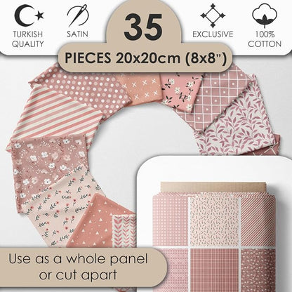 Cotton Satin Patchwork Fabric Panel – 35 Designs, 20×20 cm Squares, Single Piece 150×110 cm, Blush Pink Quilt Fabric (Peach Tones Geometric & Floral Set, 35pcs 8x8 inch)