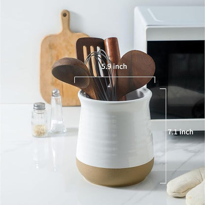 HASENSE Large Utensil Holder, White Cooking Utensil Crock for Kitchen Counter, 7.1" Ceramic Utensil Organizer Caddy for Kitchen Utensil Set, Vintage Decor