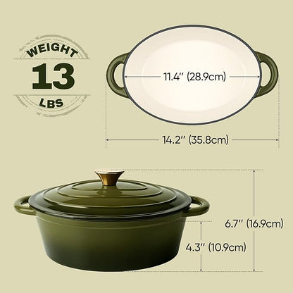 Vintage Style Oval Dutch Oven for Bread Baking, 4.5 Quart Non Stick Enameled Cast Iron Dutch Oven Pot with Lid, Oven Safe Oval Casserole with Lid up to 500°F for Baking, Braising, Stews, Roasting, Golden Green