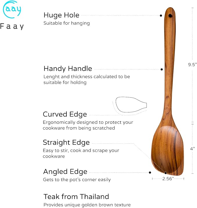 FAAY 13.5” Left-Handed Corner Wooden Spoon – Angled Teak Cooking Utensil for Left-Hand Use, Ergonomic Scraper & Stirring Spoon, Handcrafted Thai Teak, Safe for Nonstick Cookware