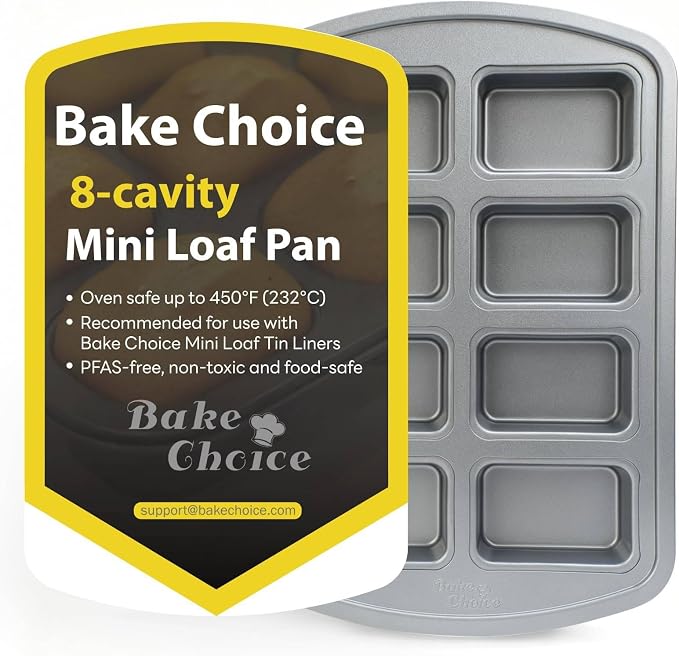 Bake Choice Mini Loaf Pan, 8-Cavity Non-Stick Carbon Steel Baking Pans Set for Banana Bread, Cornbread, Cheesecake, Muffins, Pound Cake, Small Meatloaf, Bread Pan