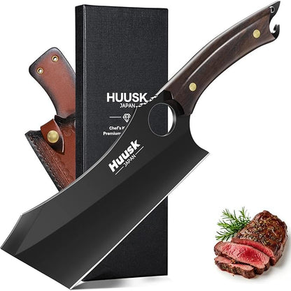 Huusk Cleaver Knife, 6.7 Inch Full Tang Meat Cleaver with Leather Sheath, Vegetable Chopper Butcher Knives for Kitchen, Cooking, BBQ, Gift for Men