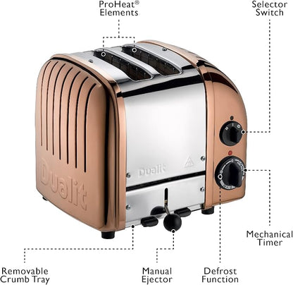 Dualit Classic 2 Slice NewGen Toaster - Stainless Steel - Hand Built in the UK - Replaceable ProHeat elements - Defrost Bread - Mechanical Timer - Copper Classic Toaster