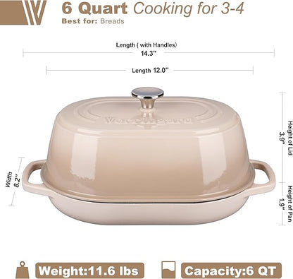 VORRINGARD Enameled Cast Iron Dutch Oven Pot with Dome Lid, Oval Bread Oven for Homemade Sourdough Bread Baking, Oven Safe up to 500°F, 6 Quart, Latte