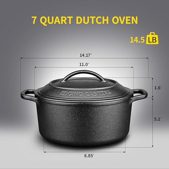 EDGING CASTING Pre-Seasoned Cast Iron Dutch Oven Pot with Lid Dual Handle, Sourdough Bread Baking Pots, Bread Oven, Camping, Grill, Induction, Electric, Round 7 Quart, Black
