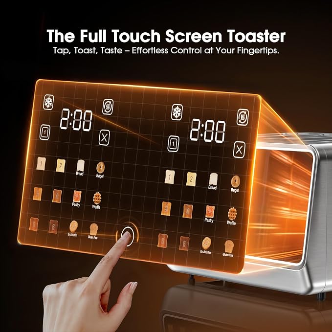4 Slice Toaster Wide Slot with Dual Digital Touchscreen, 1800W Smart Toaster Stainless Steel Independent Control Panel, Single Slot Mode Timer for Bagels Bread, 6 Toast Shades