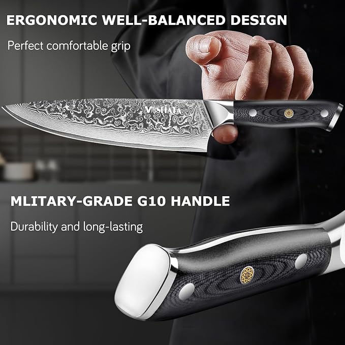 MOSFiATA Damascus Chef Knife Set 5PCS-Professional Sharp High Carbon VG10 Stainless Steel Kitchen Knife with Finger Guard, Knife Sharpener Rod Gift