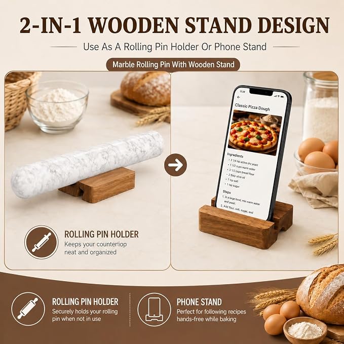 Marble French Rolling Pin for Baking, FiiMan 12 Inch Marble Rolling Pins with Wooden Stand, Heavy Stone French Polished Non-Stick Roller Pins For Baking Cookie Pizza Pastr (White)