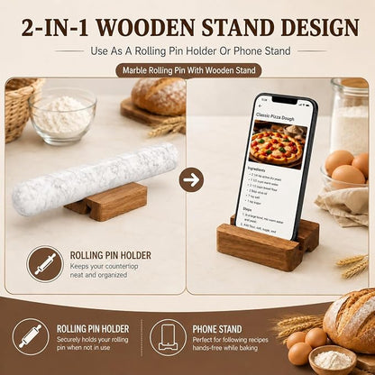 Marble French Rolling Pin for Baking, FiiMan 12 Inch Marble Rolling Pins with Wooden Stand, Heavy Stone French Polished Non-Stick Roller Pins For Baking Cookie Pizza Pastr (White)