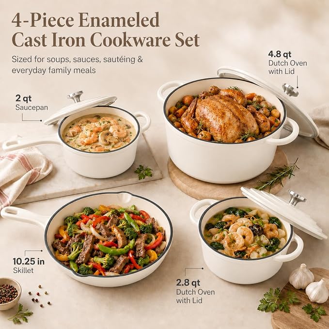 Hisencn Enameled Cast Iron Cookware Set - 7-Piece Ceramic Coated Cast Iron Cookware Set, Dutch Ovens, Sauce Pan, Skillet, 3 Lids, Heavy Duty Cookware, Gas/Induction Compatible, PFA Free, Cream White