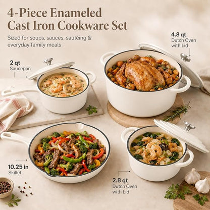 Hisencn Enameled Cast Iron Cookware Set - 7-Piece Ceramic Coated Cast Iron Cookware Set, Dutch Ovens, Sauce Pan, Skillet, 3 Lids, Heavy Duty Cookware, Gas/Induction Compatible, PFA Free, Cream White