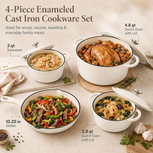 Hisencn Enameled Cast Iron Cookware Set - 7-Piece Ceramic Coated Cast Iron Cookware Set, Dutch Ovens, Sauce Pan, Skillet, 3 Lids, Heavy Duty Cookware, Gas/Induction Compatible, PFA Free, Cream White