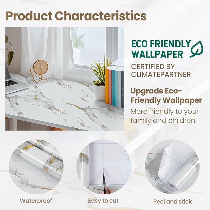 practicalWs Glossy Marble Wallpaper Peel and Stick White/Gold Granite Contact Paper Removable Wall Paper for Kitchen Countertop Cabinet Furniture 17.7" x 78.7"