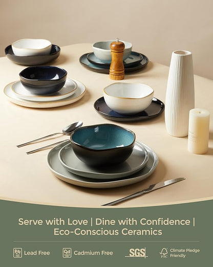 Pokini Plates and Bowls Sets, 16 Pieces Dinnerware Set for 4 with Pasta Bowls, Handmade Dishes Set, Chip Resistant Dishware Sets, Microwave Safe Dinner Set, Designed for Interactive Meals, Gray Green