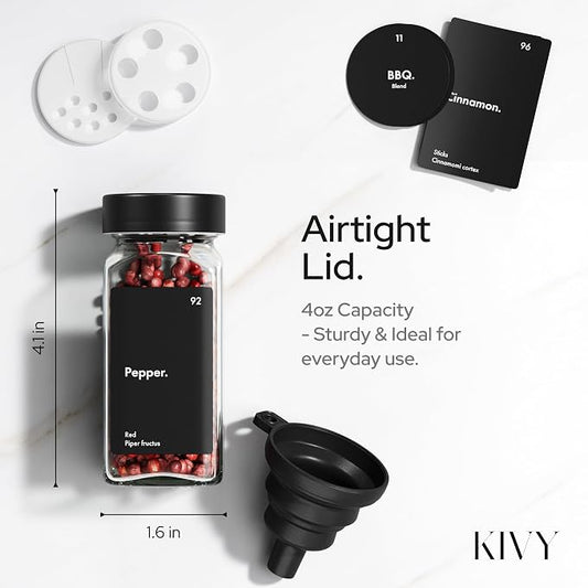 KIVY Glass Spice jars with Label & Shaker Lids [24x 4oz] Airtight Seasoning Containers for Cabinet & Drawer - Empty Spice Bottles - Spice containers with labels - Black spice jars with black lids
