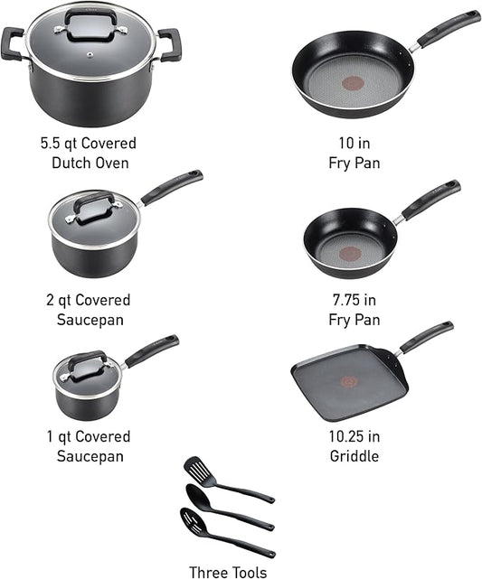 T-Fal Signature Nonstick Pots and Pans Set 12 Piece, Oven Broiler Safe 350F, Kitchen Cookware Set w/Fry Pans, Saucepans, Saute Pan, Dutch Oven, Griddle, Kitchen, Home, Dishwasher Safe, Black