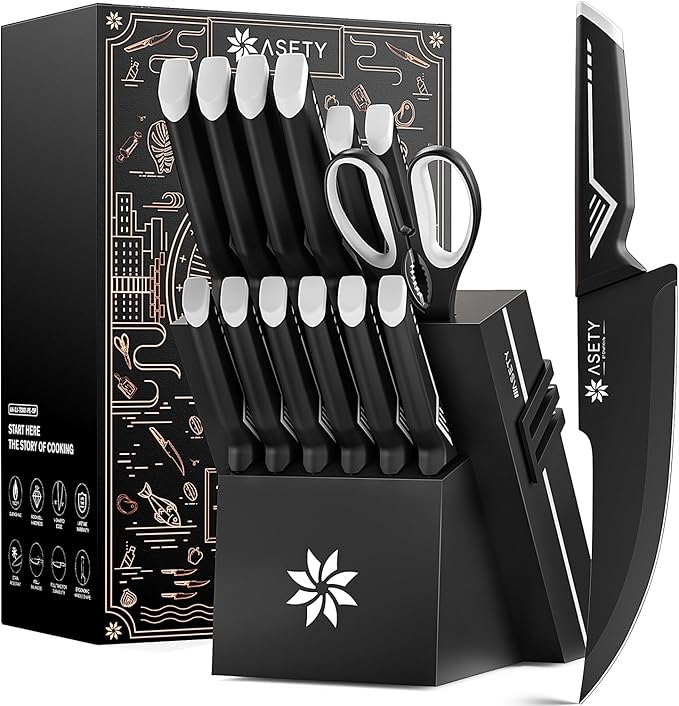 Knife Set - 15 PCS Kitchen Knife Set with Built-in Knife Sharpener Block - Stainless Steel Knife Block Set - Dishwasher Safe, Elegant Box for Men Women, Fathers day, White