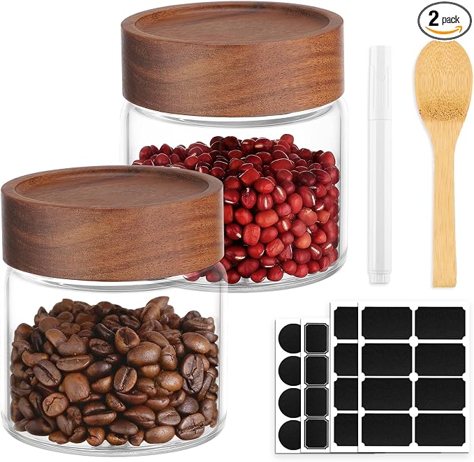 Glass Jars with Airtight Lid, 2 Pack 8oz 240ml Glass Storage Jars with Wood Lids, Screw Top Wide Mouth Kitchen Canister, Sugar and Coffee Containers for Tea, Spice, Candy, Oatmeal, Bean, Herb