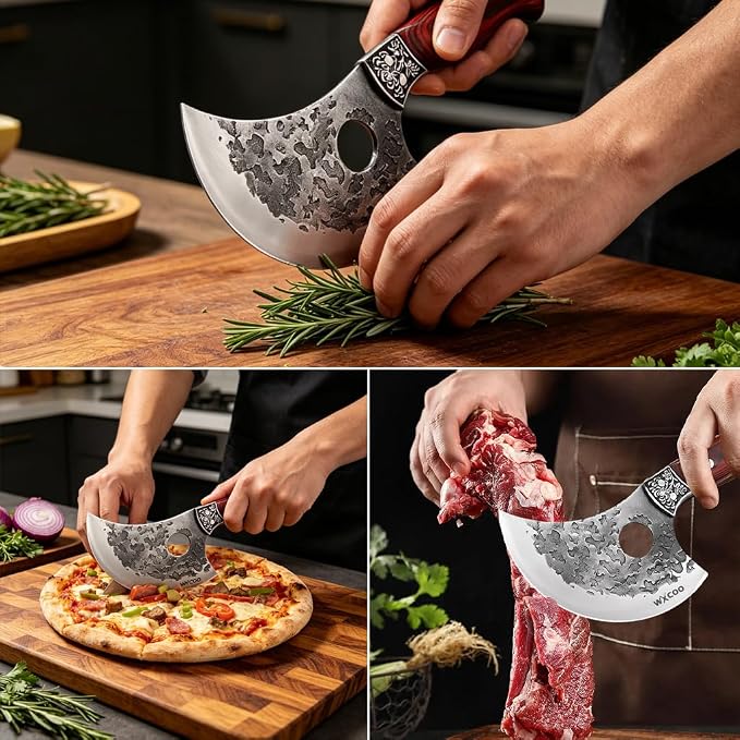 3PCS Butcher Knife Set High-Carbon Steel with Hammered Texture for Kitchen Stainless Steel Hand Forged Chef Knives, Nonslip Wood Handle, Meat Cutting Butchering Cleaver & Bone Chopper