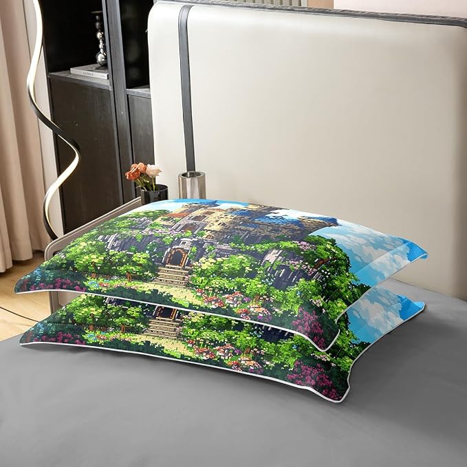 100% Pure Cotton Castle Duvet Cover Set Queen for Kids Boys Vintage Fairy Tale Theme Bedding Set Pixelated Construction Video Games Comforter Cover with 2 Pillowcases,Not Comforter