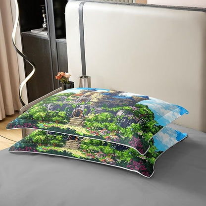 100% Pure Cotton Castle Duvet Cover Set Queen for Kids Boys Vintage Fairy Tale Theme Bedding Set Pixelated Construction Video Games Comforter Cover with 2 Pillowcases,Not Comforter