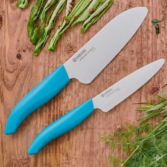 Kyocera Revolution 2-Piece Ceramic Knife Set: Chef Knife For Your Cooking Needs, 5.5" Santoku and 4.5" Utility Knife, White Blades with Blue Handles, White/Blue