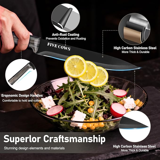 16-Piece Kitchen Knife Block Set with Cutting Board - German Stainless Steel Knives, Built-In Sharpener, Dishwasher Safe, Anti-Slip Handle - All-in-One Cutlery Set for Home/Kitchen (Black)