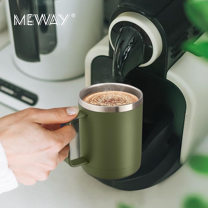 MEWAY 12oz Coffee Mug With Handle 8 Pack Bulk,Stainless Steel Insulated Travel Tumblers With Sliding Lid,Double Wall Vacuum Camping Cup for Hot & Cold Drinks Tea (Army Green,Set of 8)