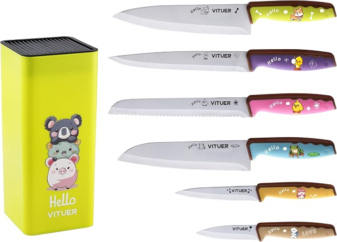 Knife Set, Vituer 7PCS Stainless Steel Kitchen Knife Block Set, Dishwasher Safe (Stylish Animal Characters)