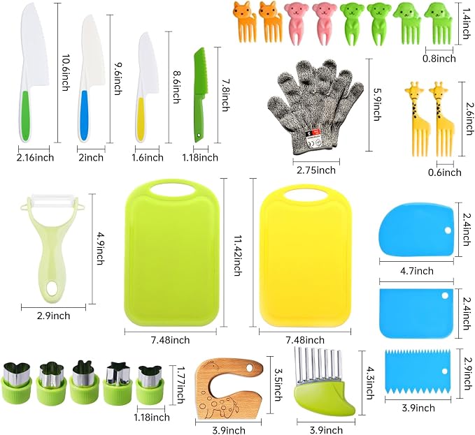 Doiaz Kidz Safe Knife Set for Toddlerz Real Cooking - Toddlerz Knives Sets Kitchen Tools with Gloves Cutting Board Fruit Vegetable Crinkle Cutters