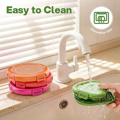 CLEANGOR Set of 4 Reusable Fruit and Vegetable Storage Containers with Snap-On Lid, Avocado Saver and Onion Saver, Silicone Food Saver, Ideal for Avocados, Tomatoes, Lemons, Orange and Onions