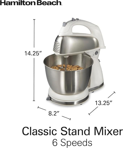 Hamilton Beach Classic Stand and Hand Mixer, 4 Quarts, 6 Speeds with QuickBurst, Bowl Rest, 290 Watts Peak Power, White (64655)