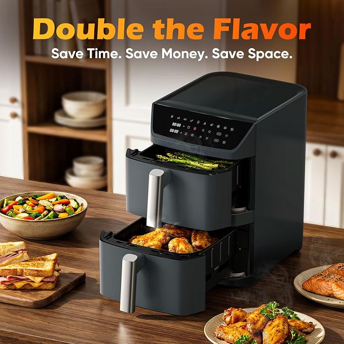 Dual Basket Air Fryer, 12.6QT Family-Size for 10–12 People, XL Basket for 6LB Whole Chicken, DoubleStack Compact Design, 10-in-1 Functions with Reheat, Dehydrate & SyncFinish, Dishwasher-Safe, Black