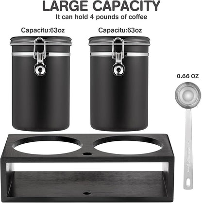 Yangbaga Ground Coffee Storage Container with Shelf, 2×63OZ 304 Stainless Steel Coffee and Sugar Container,Airtight Coffee Canisters with Scoop, Food Storage Jars for Kitchen,Nuts,Tea,Sugar