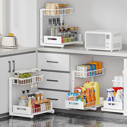 L-Shaped Under Sink Organizer, 2-Tier Pull Out Metal Kitchen Cabinet Organizer with Sliding Storage Drawer, Height Adjustable Heavy Duty Under Bathroom Sink Storage for Cleaning Supplies 1 Pack