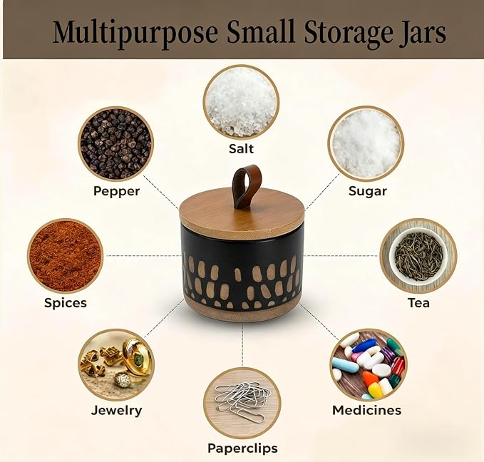 Small Canister 5 fl.oz Kitchen Salt Cellar, Ceramic Jar with Airtight Lid Spice Pepper Butter Food Storage Jar for Matcha Mints Sugar Coffee Daily Vitamins Tooth Powder Decorative Jars Set of 2