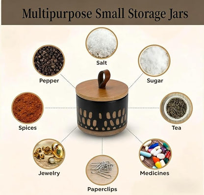 Small Canister 5 fl.oz Kitchen Salt Cellar, Ceramic Jar with Airtight Lid Spice Pepper Butter Food Storage Jar for Matcha Mints Sugar Coffee Daily Vitamins Tooth Powder Decorative Jars Set of 2