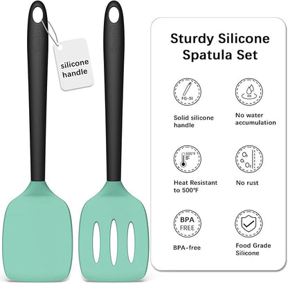 Coukre 2 Pack Silicone Spatula Set, High Heat Resistant, BPA Free Kitchen Spatula, Solid & Slotted Turner for Non-Stick Pans, Sautéing, and Flipping (2, AquaGreen)
