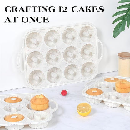 3 Inch Silicone Mini Fluted Tube Cake Pans with Metal Reinforced Frame, 12-Cavity Non-Stick Mini Flan Molds for Daily & Holiday Desserts (1 Pack)
