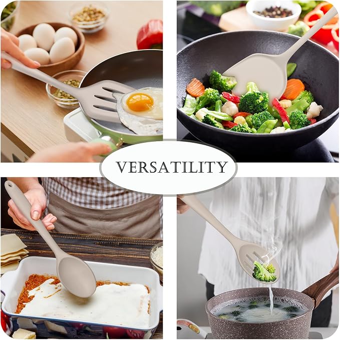 TeamFar Cooking Utensils Set of 4, Silicone Kitchen Utensils, Solid & Slotted Spoons Turners for Cooking/Serving/Frying, Healthy & Seamless Design, Heat-Resistant & Non-Scratch, Dishwasher Safe, Khaki
