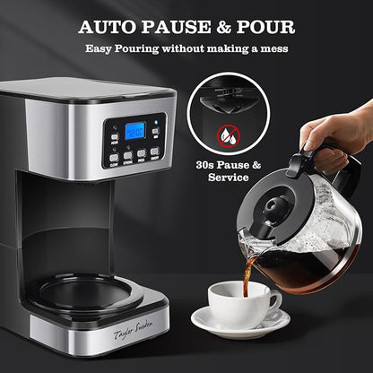 Taylor Swoden 12-Cup Programmable Coffee Maker, Regular & Strong Brew Drip Coffee Machine for Home and Office, Glass Carafe, Pause & Serve, Auto Shut Off, Black & Stainless Steel