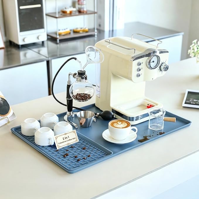 2 In 1 Extra Large 16"x24" Silicone Coffee Bar Mat Accessories Heat Resistant for espresso Machine with Detachable Dish Drying Rug Kitchen Office House Home Essentials Barista Stuff Women Gifts