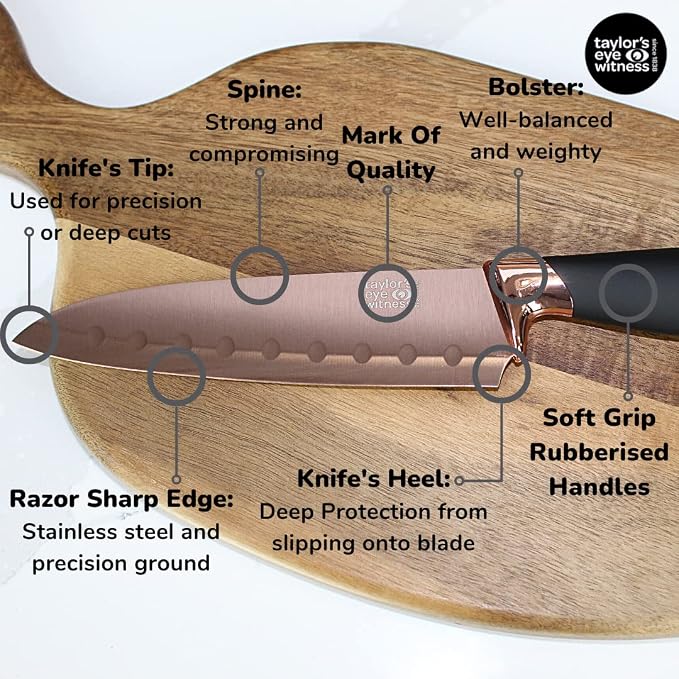 3pc Kitchen Knife Gift Set - Brooklyn by Taylors Eye Witness. Rose Gold Colored Bolsters, Matching Finely Ground Razor Sharp Titanium Coated Blades. Soft Grip Handles. 2yr Peace of Mind