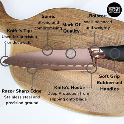 3pc Kitchen Knife Gift Set - Brooklyn by Taylors Eye Witness. Rose Gold Colored Bolsters, Matching Finely Ground Razor Sharp Titanium Coated Blades. Soft Grip Handles. 2yr Peace of Mind
