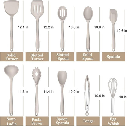 E-far 10 Pieces Silicone Cooking Utensils Set, Heat Resistant Kitchen Utensil Set for Nonstick Cookware, Kitchen Cooking Tools with Spatula, Spoon, Slotted Turner, Non-Toxic & Dishwasher Safe (Khaki)