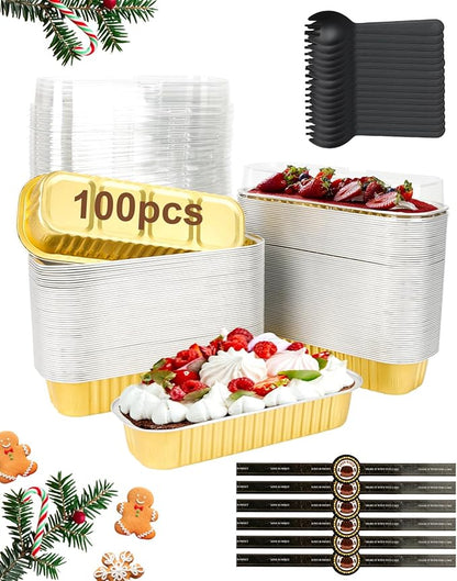 YQER 100 Pack Gold Mini Cake Pans with Lids and Spoons, 6.8 oz Disposable Aluminum Foil Mini Loaf Pans with Stickers, Individual Elegant Dessert Cake Tins Containers for Weddings, Parties, Bake Sales