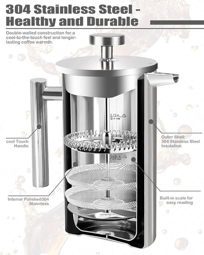 French Press Coffee Maker,304 Stainless Steel Coffee Press with scale lines and 2 Extra Filters for Kitchen & Camping (Silver, 34 OZ) 1 Litre