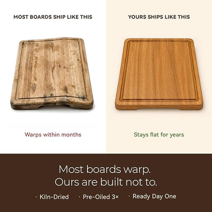 Acacia Wood Cutting Board Set of 3 for Kitchen — Non-Toxic, Kiln-Dried & Pre-Oiled 3x | Warp-Resistant Solid Acacia with Juice Groove, Handles & Anti-Slip Feets | Large Medium Small